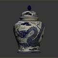 Traditional Sculpture Carving On Blue And White Ceramic Jar With Dragon Sun Motif And Lid