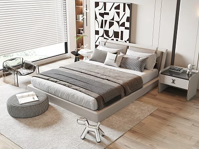Modern Minimalist Double Bed with Pillows Nightstand Artwork and Wooden Floor 3d model