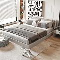 Modern Minimalist Double Bed with Pillows Nightstand Artwork and Wooden Floor