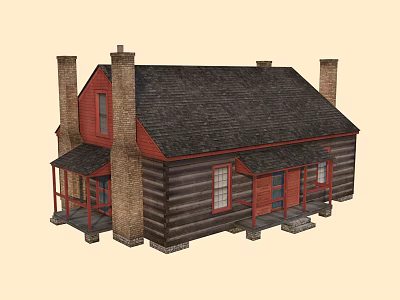 Log Cabin Exterior With Log Structure Black Shingle Roof Red Doors And Windows Stone Chimneys 3d model