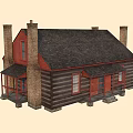 Log Cabin Exterior With Log Structure Black Shingle Roof Red Doors And Windows Stone Chimneys