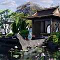 Traditional Chinese Style Pergola In Garden With Pond Lotus Flowers And Koi Fish