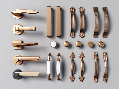 Various Cabinet Handles in Brass Metal Featuring Bar Knobs and Curved Designs 3d model