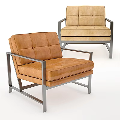 Modern Brown Leather Leisure Chair With Metal Frame Armrests And Stitched Seat Design 3d model