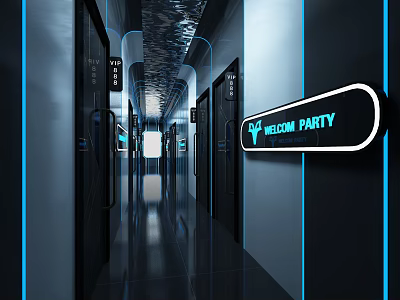 Modern KTV Corridor with Blue Lighting Black Doors and Neon Welcome Party Sign 3d model