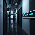 Modern KTV Corridor with Blue Lighting Black Doors and Neon Welcome Party Sign
