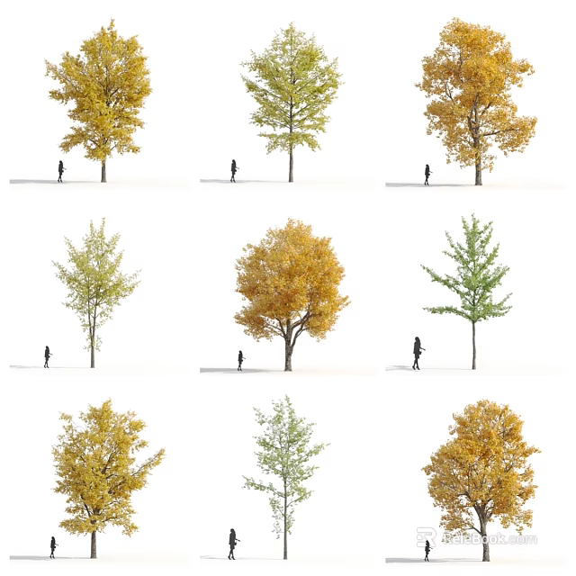 Arbor Collection With Green And Yellow Leaves Featuring Multiple Trees And Human Figures Below 3d model 