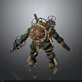 Green and Gold Armored Character With Diver Helmet Red Lights and Arm Mounted Weapon