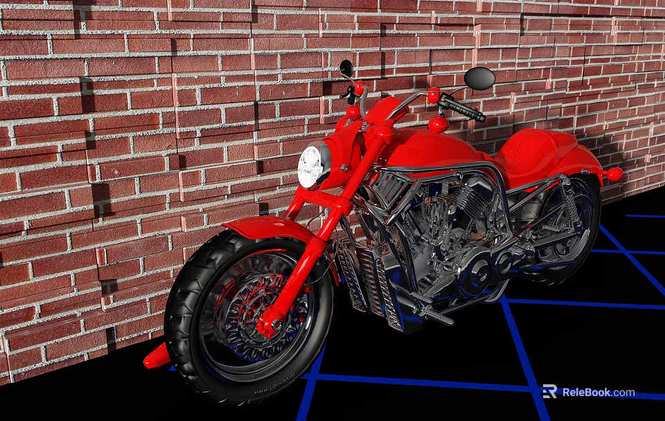 Stylish Red Motorcycle Parked Against Red Brick Wall On Black Floor With Blue Lines 3d model 