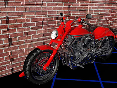 Stylish Red Motorcycle Parked Against Red Brick Wall On Black Floor With Blue Lines 3d model
