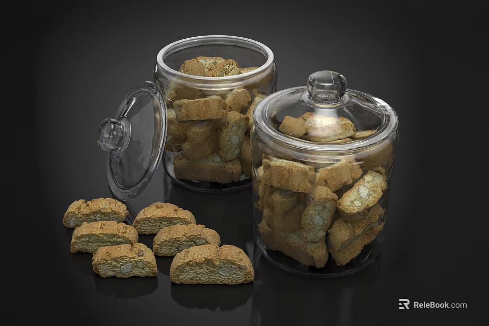 Crispy Biscuits Filled in Glass Jars with Scattered Pieces on Black Surface 3d model 