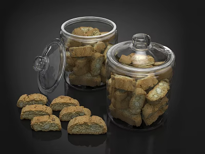 Crispy Biscuits Filled in Glass Jars with Scattered Pieces on Black Surface 3d model