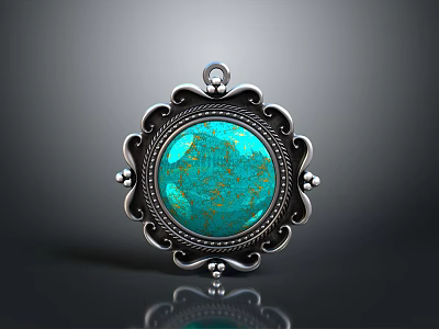 Silver Pendant With Turquoise Gemstone And Decorative Frame For Clothing Accessory 3d model