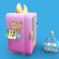 Cute Pink Refrigerator With Yellow Horns Blue Basket Milk Cartons And Price Tag