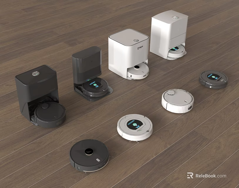 Smart Machines Multiple Robotic Vacuums With Charging Docks On Wooden Floor 3d model 