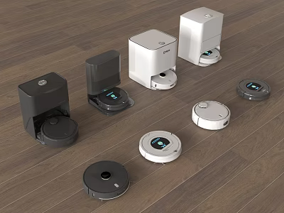 Smart Machines Multiple Robotic Vacuums With Charging Docks On Wooden Floor 3d model