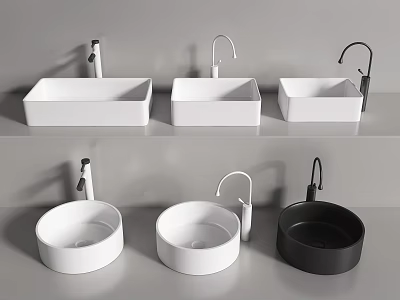 Modern Stylish Washbasins Rectangular Round Shapes White Black Colors With Faucets 3d model