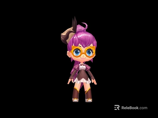 Cute Game And Movie Character With Purple Hair Yellow Goggles And Brown White Outfit 3d model 