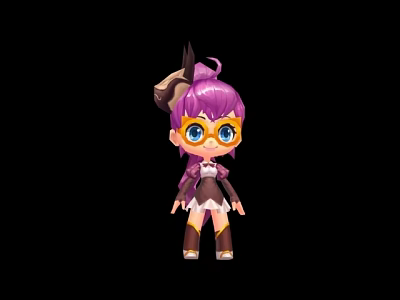 Cute Game And Movie Character With Purple Hair Yellow Goggles And Brown White Outfit 3d model