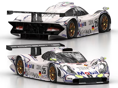Mobil Sponsored White Racing Car With Number 25 Streamlined Body Gold Wheels And Rear Wing 3d model