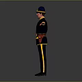 Uniformed Human Figure In Dark Blue Uniform With Yellow Accents Arms Outstretched And Brown Holster