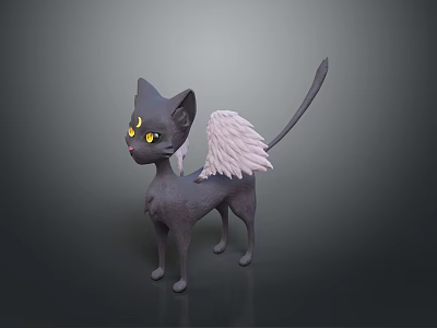 Black Cat With White Wings And Yellow Eyes Standing On Dark Background 3d model