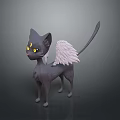 Black Cat With White Wings And Yellow Eyes Standing On Dark Background