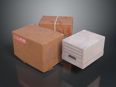 Household Storage Boxes With Brown Cardboard Red Labels And White Drawer Design 3d model
