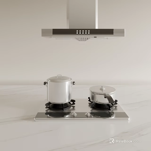 Modern Kitchen Interior With Gas Stove Range Hood And Stainless Steel Pots 3d model 