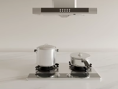 Modern Kitchen Interior With Gas Stove Range Hood And Stainless Steel Pots 3d model