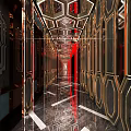 Elevator Hallway Interior With Decorative Ceiling Brick Walls And Shiny Geometric Floor 3d model
