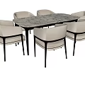 Modern Dining Table Set with Beige Upholstered Chairs Black Legs and Marble Top