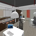 Public Office Space Interior With Modern Desks Computers Office Chairs Bookshelves And Pendant Lights