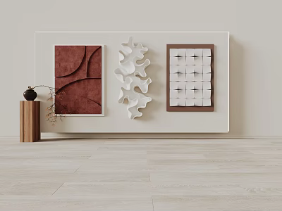 Stylish Photo Wall With Burgundy Curved Art White Hollow Sculpture And Black Cross Pattern 3d model