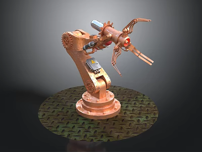 Copper Colored Industrial Robot Arm With Mechanical Gripper And Grid Platform Base 3d model
