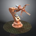Copper Colored Industrial Robot Arm With Mechanical Gripper And Grid Platform Base