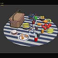 Colorful Picnic Food On Blue And White Striped Blanket With Bananas Oranges Cake And Drinks