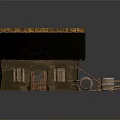Residential Cottage with Wooden Structure Tile Roof Door Windows Side Ramp Railing and Wooden Barrel