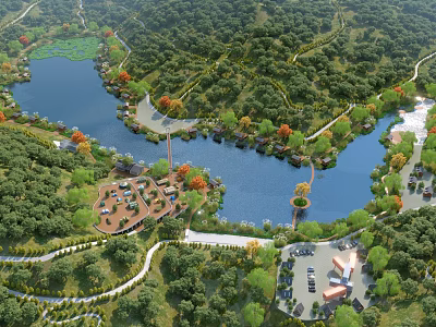 Scenic Natural Landscape With Lake Surrounded By Dense Forest Winding Roads And Greenery 3d model