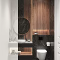 Stylish Luxury Bathroom Interior With Round Vanity Mirror Dark Marble Walls And Warm Wood Decor