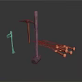 Antique Weapons Assortment Featuring Three Different Sizes Hammers and Wooden Handle Knives