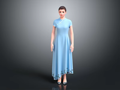 Woman In Blue Qipao With Stand Up Collar Short Sleeves Floral Hem Against Gray Background 3d model