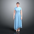 Woman In Blue Qipao With Stand Up Collar Short Sleeves Floral Hem Against Gray Background