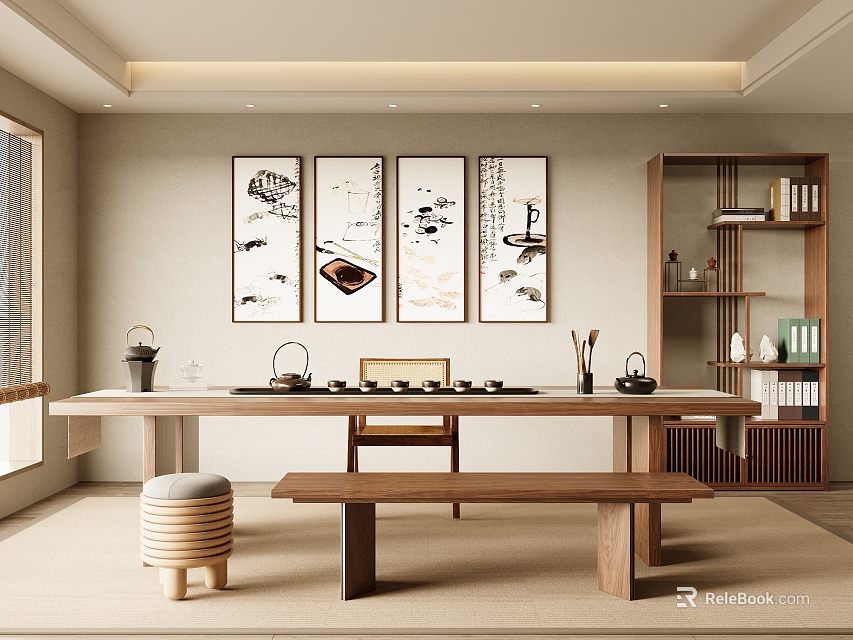 Traditional Tea Room Interior With Long Tea Table Four Ink Paintings Wooden Bookshelf and Stools 3d model 