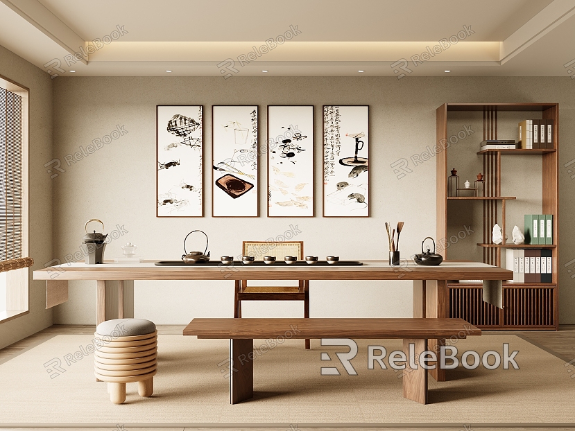 New Chinese Style Tea Room Solid Wood Tea Table and Chair Combination Solid Wood Tea Table Tea Table Tea Table Tea Room Tea Tasting Area Tea Tray Tea Set model