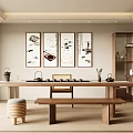 Traditional Tea Room Interior With Long Tea Table Four Ink Paintings Wooden Bookshelf and Stools