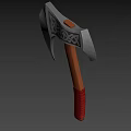 Traditional Ornate Axe With Silver Head Decorative Patterns Wooden Handle And Red Grip