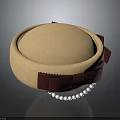 Elegant Beige Dome Hat With Crimson Bow And White Pearl Decorative Accents