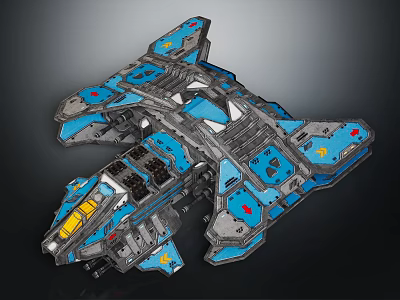 Futuristic Sci-Fi Spaceship Model With Blue Gray Body And Yellow Red Accents 3d model