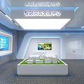 Modern Exhibition Hall Interior With Reception Desk Blue Sofas Display Screens Lighting And Polished Floor